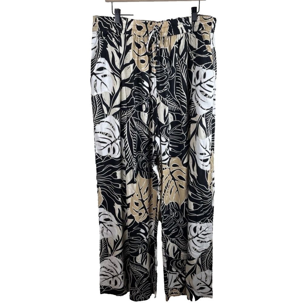 Millenium Tropical Monstera Leaf Print Wide Leg Rayon Pants Black Tan 3X NWT
